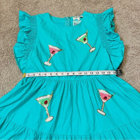 NWT! Peach Love SEQUINS MARTINI PATCH TURQUOISE COTTON MINI DRESS. Size Medium. - Picture 14 of 16